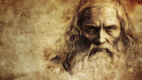 Elderly bearded sage in sepia-toned textured portrait.