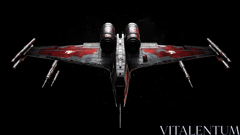 Crimson starfighter gliding through a quiet cosmic void.