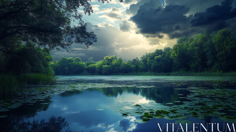 Moody forest lake mirrors stormy skies in tranquil stillness.