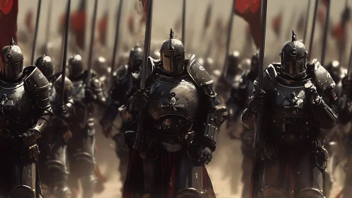 Armored vanguard phalanx advancing through particulate haze.