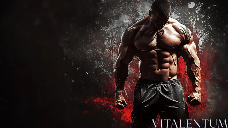 Ink-scarred titan poised in a storm of molten muscle.