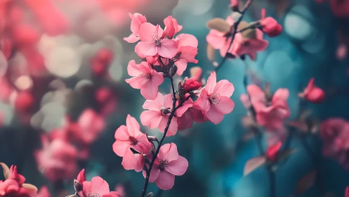 Delicate Cherry Blossoms Dance Against Dreamy Turquoise