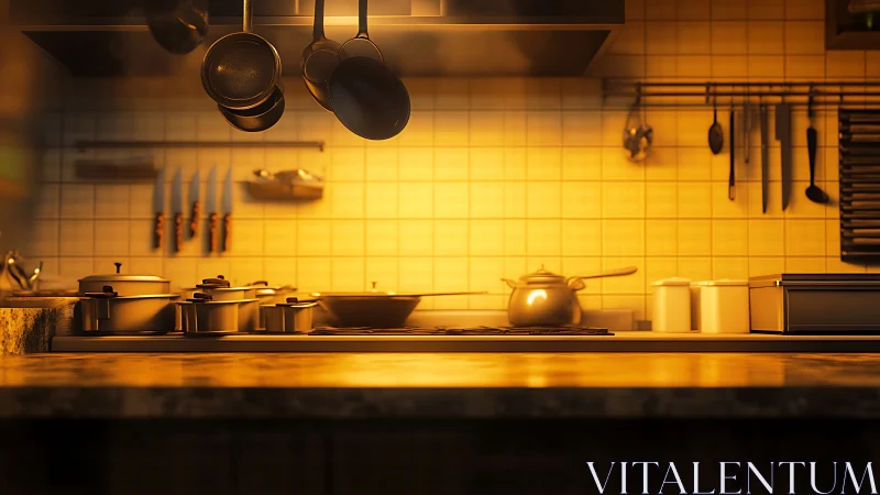 Professional kitchen counter under warm evening light.