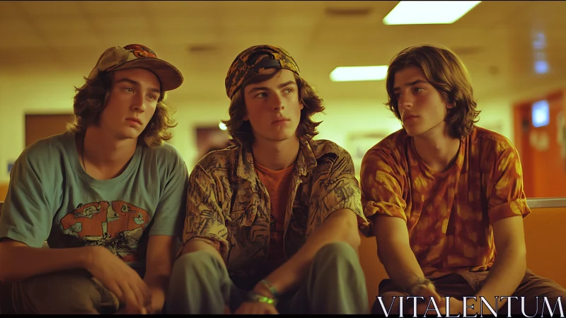 Triadic adolescent portrait under sodium vapor corridor lighting.