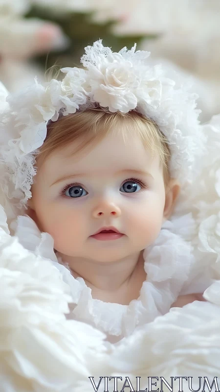 Porcelain-faced infant adorned in pristine white lace.