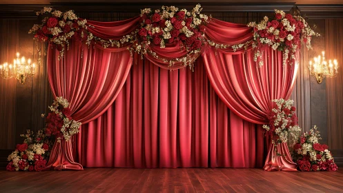 Romantic red stage curtain framed with glowing florals.