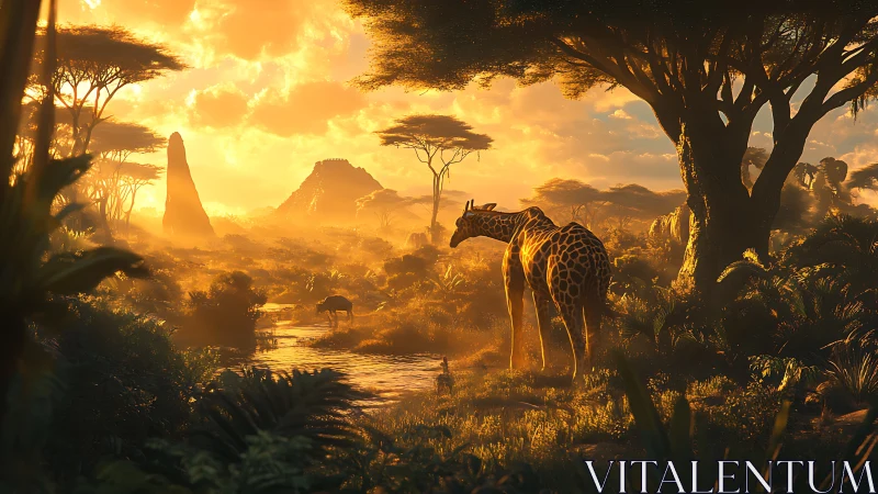 Golden-hour giraffes wander through a tranquil African savanna