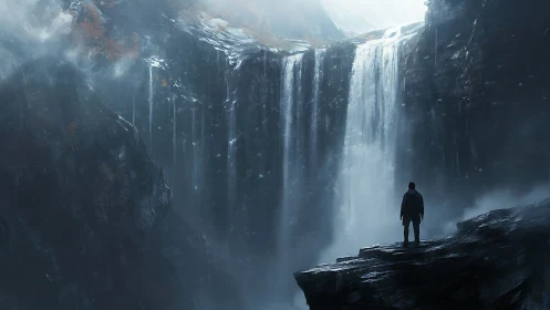 Solitary figure observing vast misty mountain waterfall.