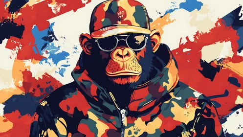 Camouflage-clad chimpanzee avatar in urban pigment turbulence.