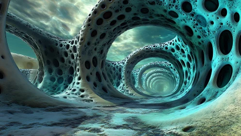 Tunnel-like turquoise structures form perforated looping arches