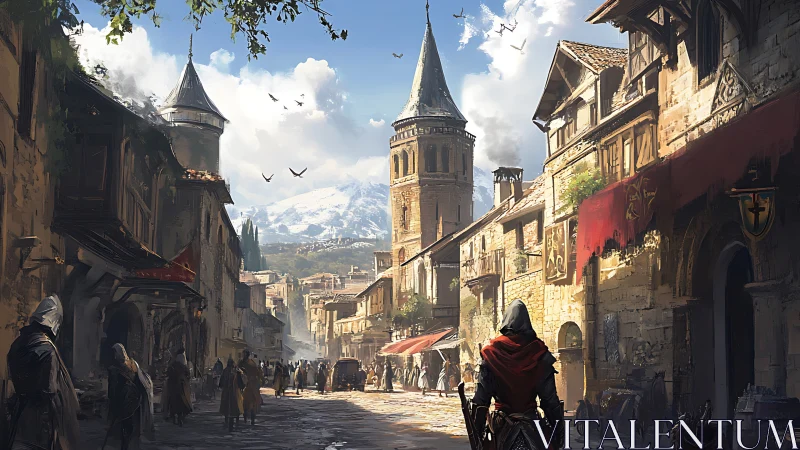 Hooded wanderer stalks a sunlit medieval market street.