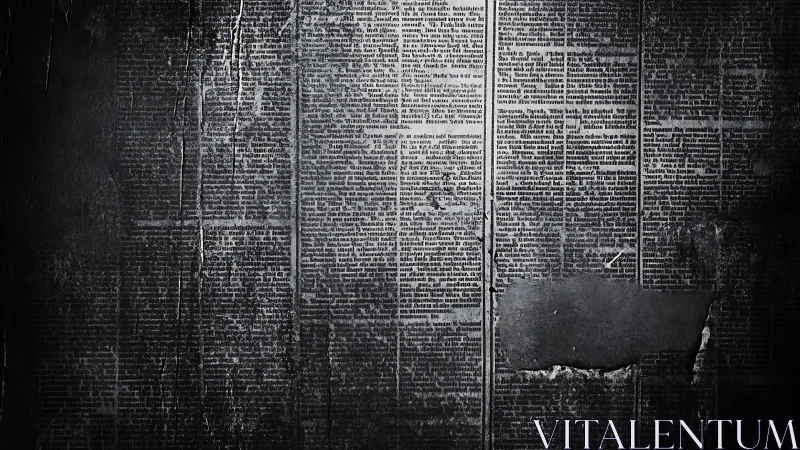 Weathered monochrome newspaper wall shows distressed paper texture