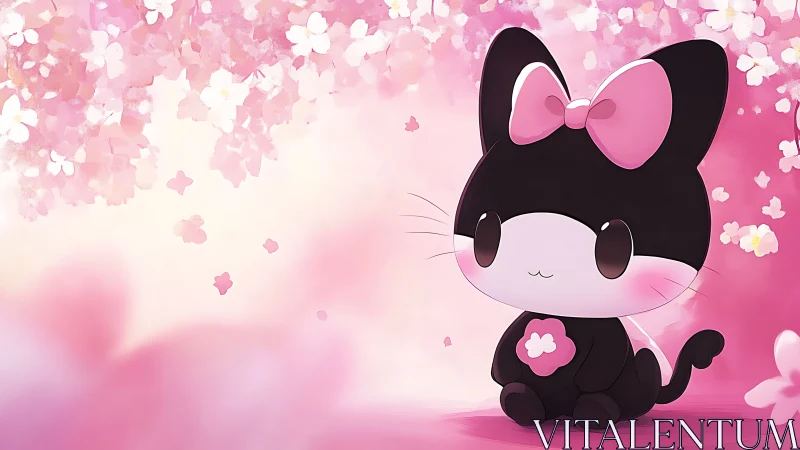 Kawaii cat character under soft pink cherry blossoms.