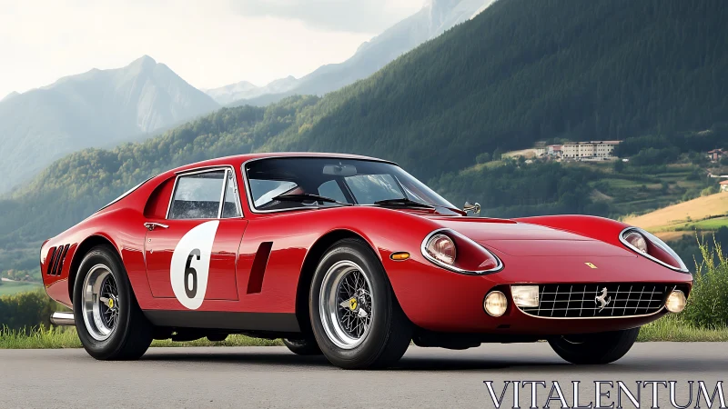 Classic red racing coupe dominates alpine valley road.