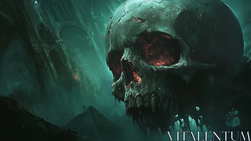 Gigantic eroded skull with molten eye sockets dominates abyssal ruin