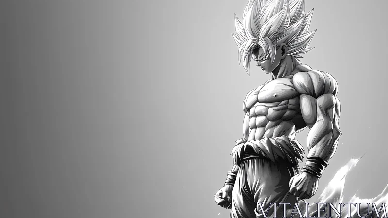 Muscular anime warrior stands charged on empty gradient field