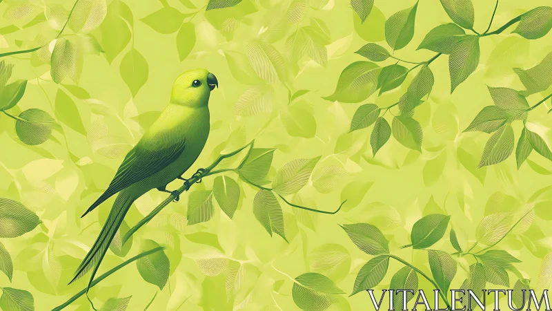 Green bird perched on leafy branch in soft digital illustration.
