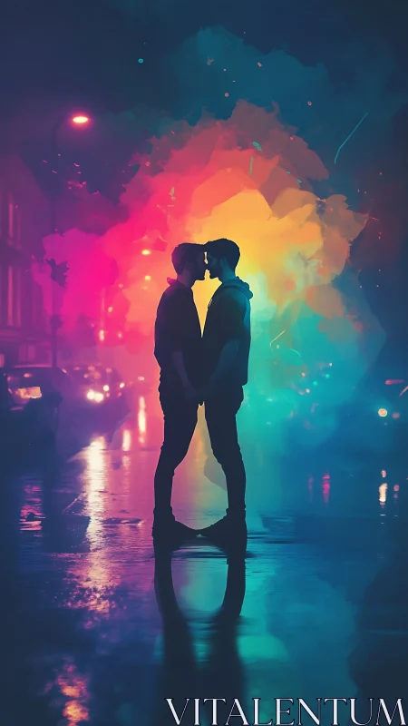 Silhouetted figure embracing against chromatic gradient light projection