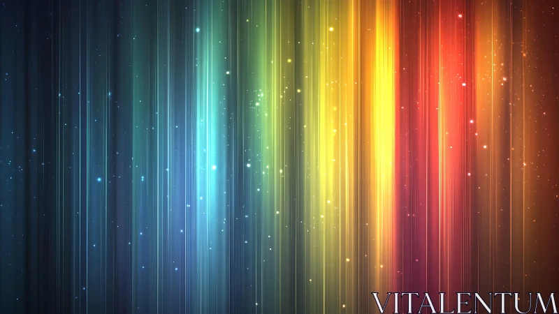 Vibrant Rainbow Light Beams with Glowing Particles, Abstract Digital Art.