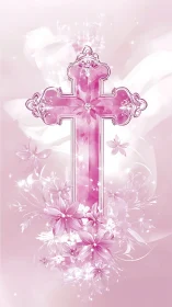 Soft pink crystal cross wrapped in glowing floral light.
