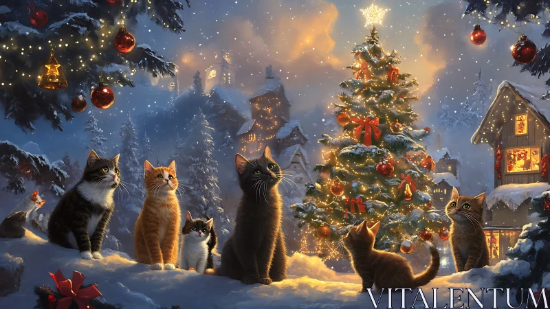Festive Cats Gathered in Enchanted Winter Village.