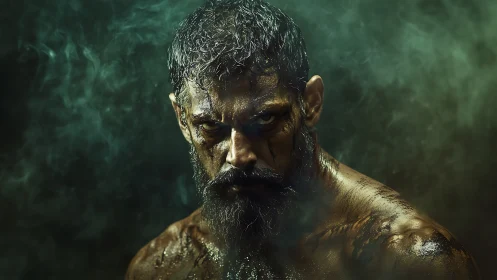 Fierce warrior’s muddy glare holds a storm of raw resolve