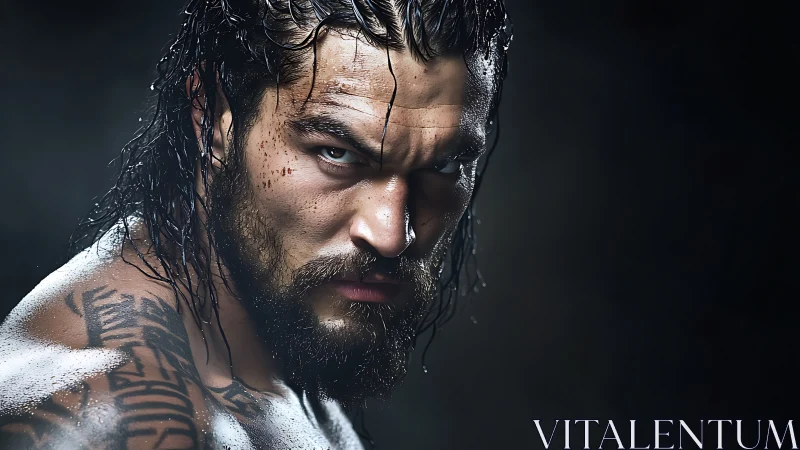 Close cropped portrait shows wet, tattooed male subject