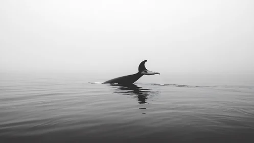Solitary orca fin slices through misty monochrome sea.