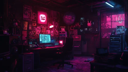 Neon hacker hideout glowing with secret midnight schemes.