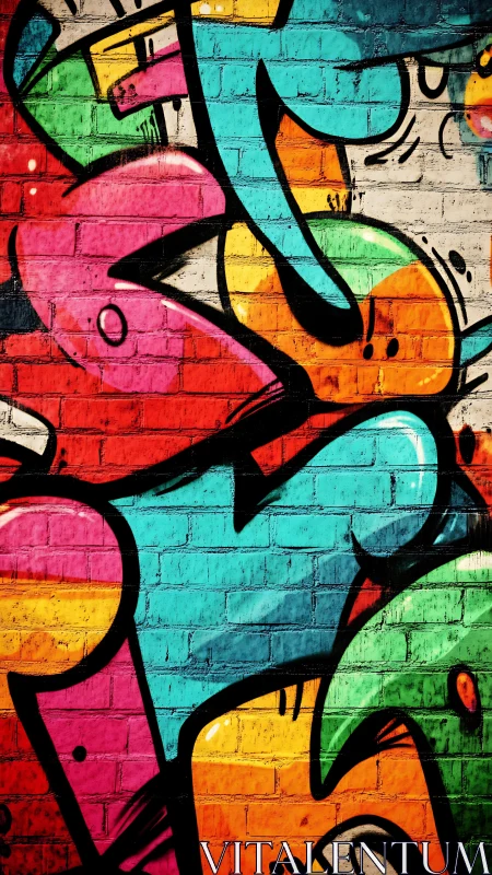 Multicolored graffiti letters cover a textured brick wall