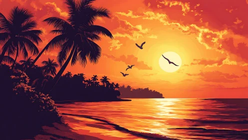 Crimson tropic sunset where palm shadows kiss molten seas.