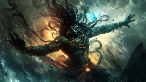 Storm dancer in swirling cosmic seas of fire and mist.