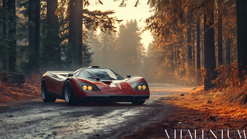 Low-slung red supercar on damp forest track under warm volumetric light