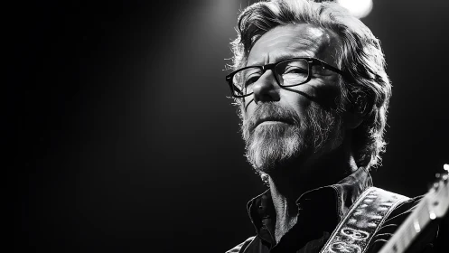 Black and white portrait of focused guitarist onstage.