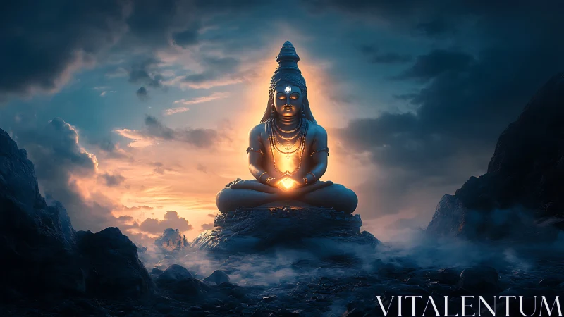 Serene mountain deity glowing softly in a misty twilight sky.