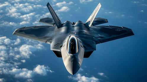Stealth fighter jet captured in frontal oblique view above clouds