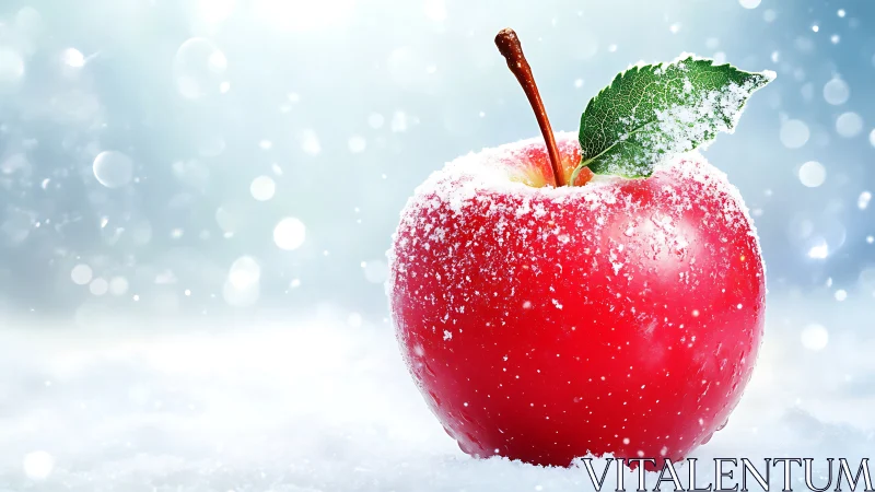 Frost-kissed crimson apple glowing in a snowy daydream.