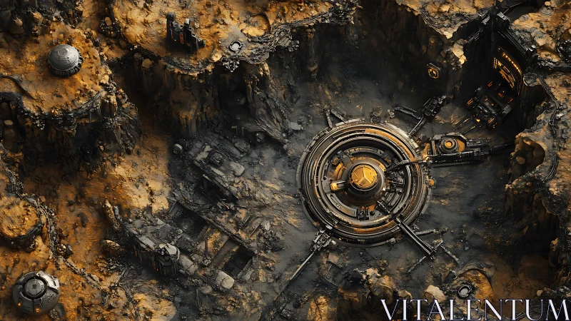Futuristic desert excavation base encircles a glowing core.