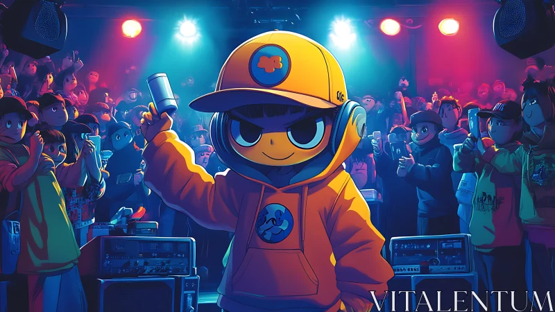 Neon crowd kid DJ crowns the night with cartoon swagger.