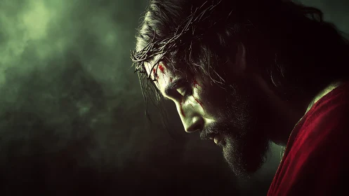 Side-lit thorn-crowned portrait in high-contrast chiaroscuro.