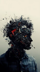 Fragmented cyborg silhouette bursting with wired chaos.