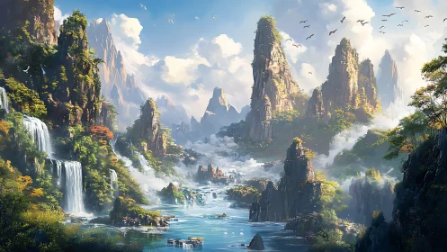 Mountain spires trade secrets with waterfalls in painted mist