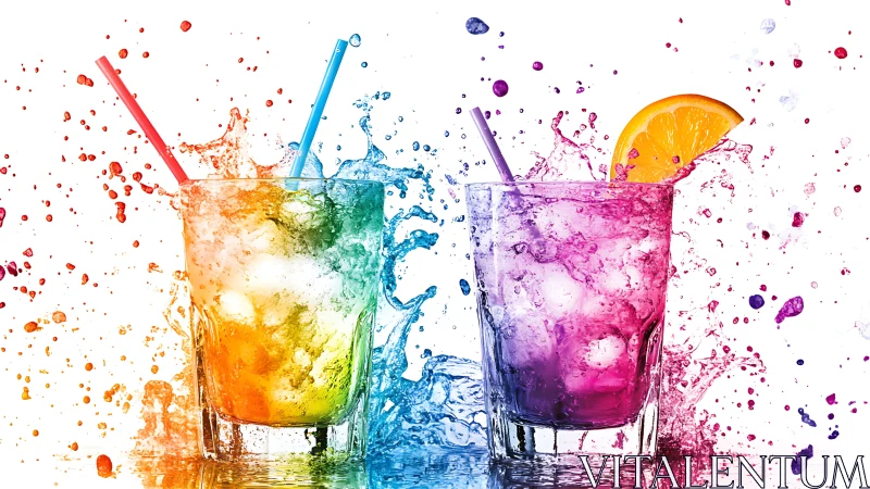 Vibrant Splash Photography: Dynamic Beverage Compositions with Chromatic Splatter Effects.