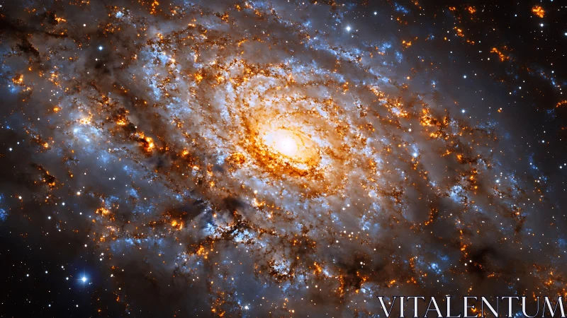 Spiral galaxy core glows with vivid orange and blue star clouds.