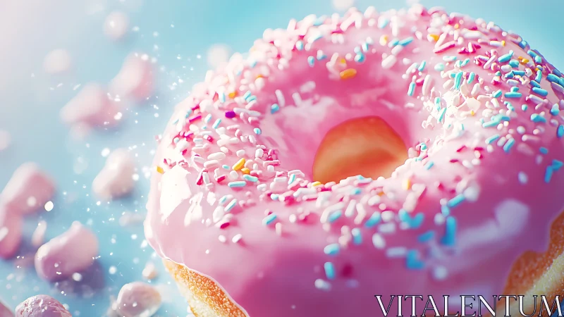 Pink frosted donut with vibrant sprinkles against dreamy sky.