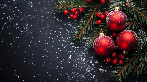 Red Christmas baubles on fir branches with snow dusting.