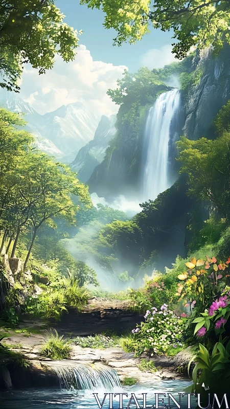 Lush mountain gorge with cascading multi-tiered waterfall.