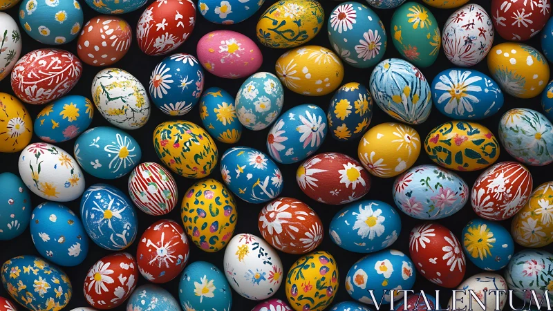 Colorful hand painted Easter eggs arranged in a dense spread.