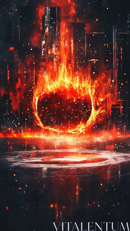 Massive fire sphere erupts through urban downtown cityscape