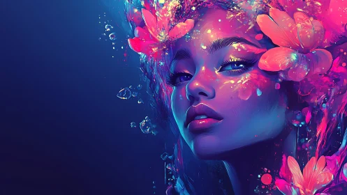 Vibrant neon portrait of woman with glowing floral hair.